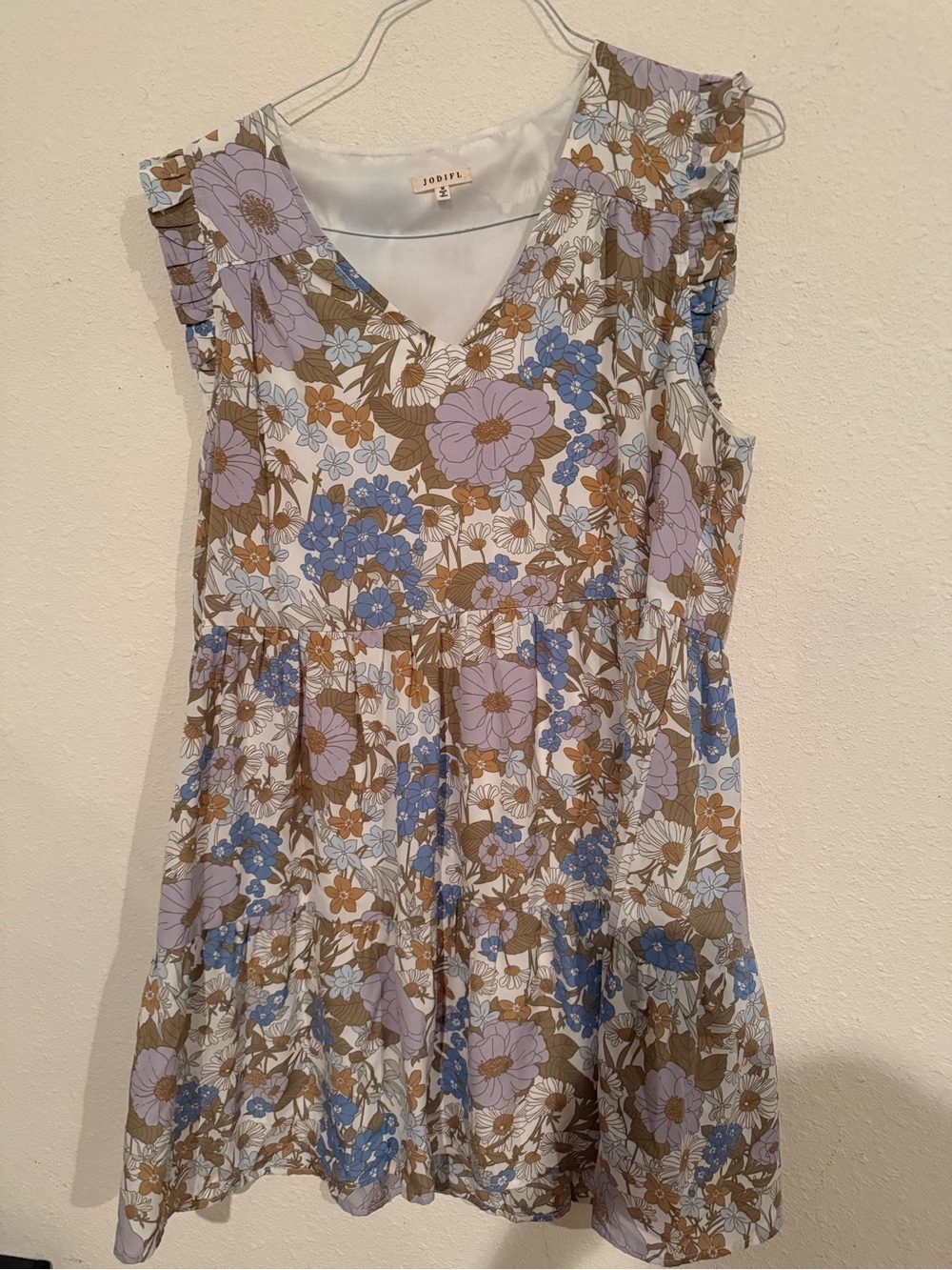 Joie Lavender, Blue & Brown Floral V-Neck Tiered Mini Dress